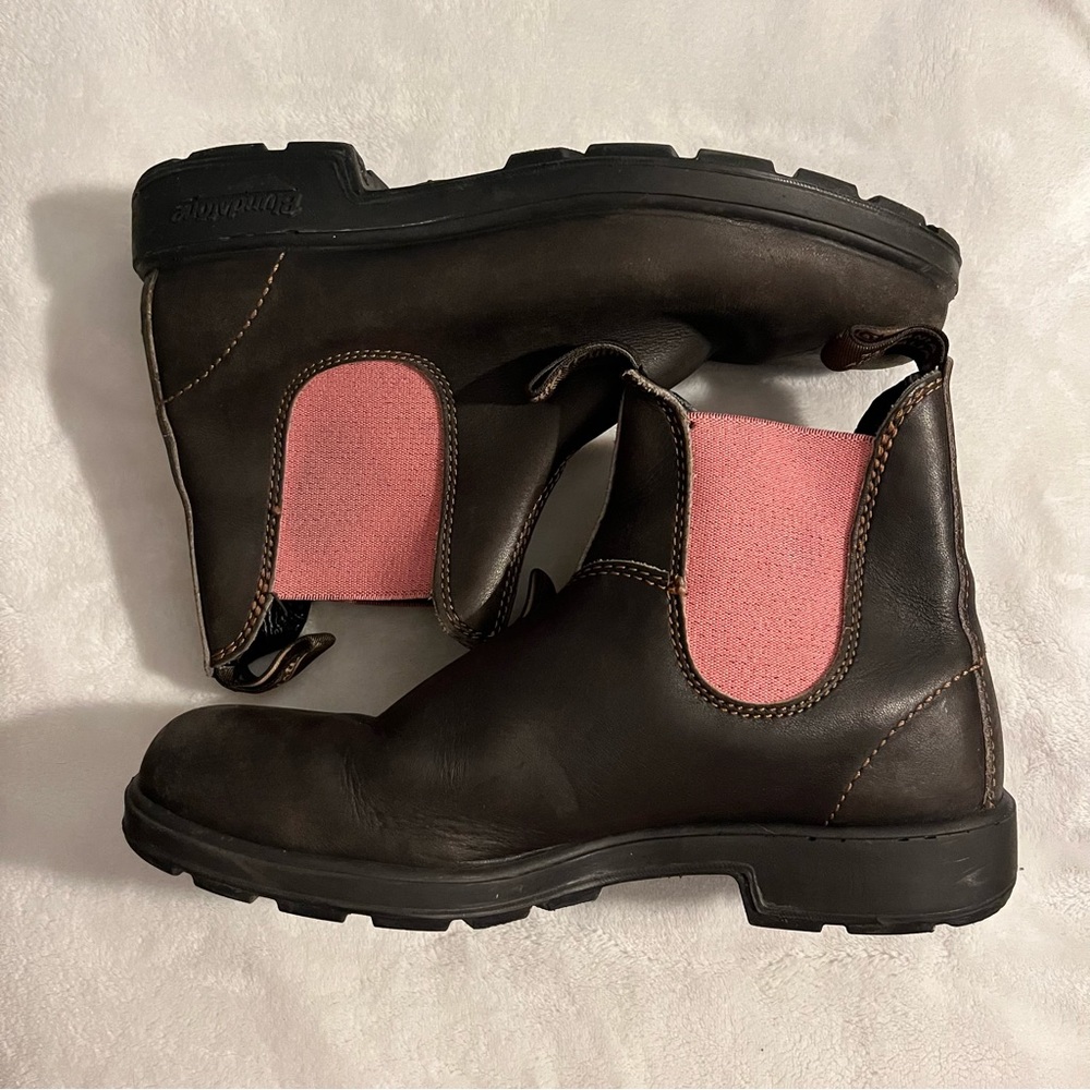 Brown and pink Blundstone boots